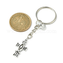 Брелок-крестик из сплава с подвеской в виде рыбы Иисуса и сердца&nbsp;KEYC-JKC00638