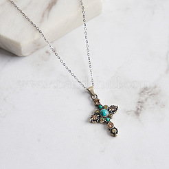 Ожерелья с подвеской-крестом из натуральной бирюзы и кубического циркония&nbsp;NJEW-L125-001ASP