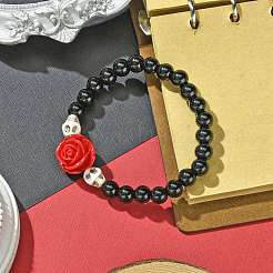 Set di braccialetti elasticizzati con perline rotonde in pietra nera sintetica da 2 pz 2 colori a tema Halloween da 8.5 mm&nbsp;BJEW-JB10882