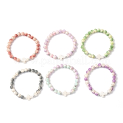 6 bracciale elastico con perline tonde e incrociate in turchese sintetico&nbsp;BJEW-JB12339