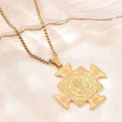 Pendentif croix avec médaille de saint Benoît en acier inoxydable 201 et chaîne en acier inoxydable 304.&nbsp;SA-H003-01G
