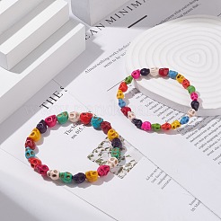 2 juego de pulseras elásticas con calavera de color turquesa sintético (teñido) y 2 estilos.&nbsp;BJEW-JB08071
