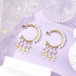 Pendientes colgantes con forma de cruz de concha y perla&nbsp;EJEW-JE06185-01
