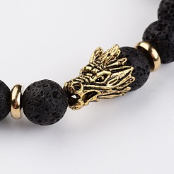 Braccialetti elastici in pietra lavica naturale con perline in lega di forme miste in stile tibetano&nbsp;BJEW-K075-AG