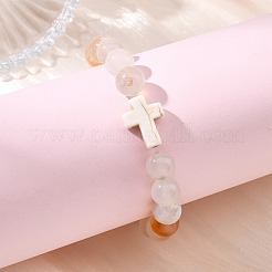Natürliche Kirschblütenachat- und synthetische Türkis-Kreuz- und runde Perlenarmbänder zum Stretch für Damen und Herren&nbsp;BJEW-JB13926-01
