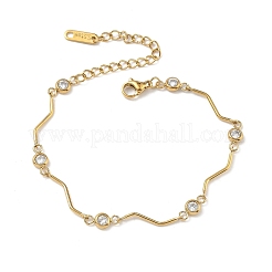 Pulseras de eslabones planos redondos ondulados de acero inoxidable 304 con cristales de imitación de diamantes para mujer.&nbsp;BJEW-F543-01G