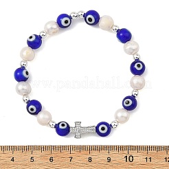 Bracelets extensibles en perles de culture d'eau douce naturelles et filigrane orné d'un œil protecteur&nbsp;BJEW-JB14283-02