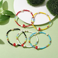 Женский эластичный браслет из стеклянных семян и пластиковых грибов из бисера&nbsp;BJEW-JB10185