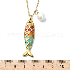 Colliers pour femmes avec pendentif poisson coloré en acier inoxydable 304 émaillé et perle Edison naturelle&nbsp;NJEW-JN06126