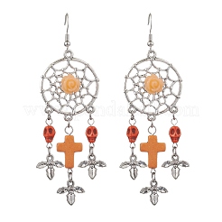 4 par de pendientes colgantes de turquesa sintética de 4 colores con red/red tejida con cruz y calavera&nbsp;EJEW-JE05865