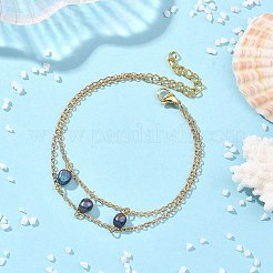 Bracciali da donna a doppio strato con catene in ottone e perle di riso coltivate d'acqua dolce naturali.&nbsp;BJEW-JB14135-02