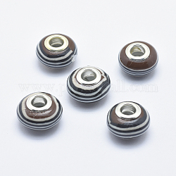 Perles européennes artisanales en pâte de polymère, avec noyaux en laiton plaqué couleur argent, Perles avec un grand trou   , rondelle avec motif à rayures, brun coco, 13~16x8~11mm, Trou: 4.5~5mm