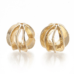 Brass Corrugated Beads, Round, Nickel Free, Real 18K Gold Plated, 13.5x13.5x13.5mm, Hole: 1mm