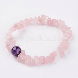 Bracelets extensibles en quartz rose naturel, avec des perles améthyste, 1-7/8 pouce (48 mm)