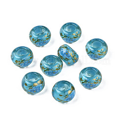 Blumen bedruckte transparente Acryl-Unterlegscheibe-Perlen, Großloch perlen, Himmelblau, 15x9 mm, Bohrung: 7 mm