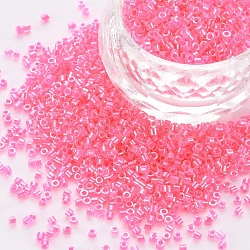 Glass Cylinder Beads, Seed Beads, Inside Colours Luster, Round Hole, Hot Pink, 1.5~2x1~2mm, Hole: 0.8mm, about 8000pcs/bag, about 1pound/bag