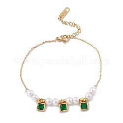 Bracciale con charm quadrato in zirconi cubici con perla acrilica, placcato oro 304 gioielli in acciaio inossidabile per le donne, verde, 6-3/4 pollice (17 cm)