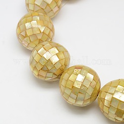Natural Yellow Shell Beads Strands, Mosaic Style, Round, Goldenrod, 30mm, Hole: 1mm,  about 13pcs/srrand, 15.4 inch