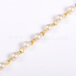 Chaînes en perles de verre rondes manuelles pour fabrication de bracelets et colliers, avec épingle à œil en fer doré, non soudée, beige, 39.3 pouce, perle: 6 mm