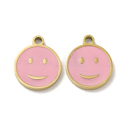 Ion Plating(IP) 316L Surgical Stainless Steel Charms, with Enamel, Real 18K Gold Plated, Flat Round with Smiling Face Charm, Pink, 12x10x1.5mm, Hole: 1.4mm