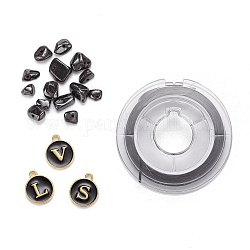 26Pcs Flat Round Initial Letter A~Z Alphabet Enamel Charms, 20G Non-magnetic Synthetic Hematite Chip Beads and Elastic Thread, for DIY Jewelry Making Kits, Black, Alphabet Enamel Charms: 1 set/box