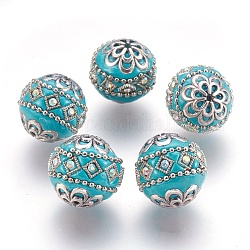 Perles Indonésiennes manuelles, avec les accessoires en métal, ronde, argent antique, turquoise foncé, 19.5x19mm, Trou: 1mm