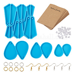 Boutigem 4Pcs 4 Style Triangle & Teardrop Pendant Silicone Molds, with Brass Earring Hooks & Jump Rings, Cardboard Earring Display Cards, Plastic Ear Nuts, Blue, 43~121x54~101x4~6mm, Hole: 2.5~5mm, Inner Diameter: 36~68x11~44mm, 1Pc/style