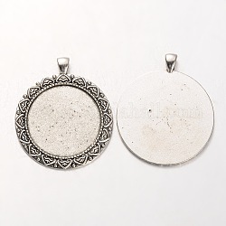 Tibetan Style Alloy Flat Round Pendant Cabochon Settings, Cadmium Free & Lead Free, Antique Silver, 55x46x2mm, Hole: 5x7mm, Tray: 35mm, about 72pcs/kg