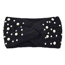 Bandeaux chauffants en fil tricoté en fibre acrylique, avec une perle d'imitation en plastique, bandeau de tête en tricot torsadé épais et doux pour les femmes, noir, 210x110mm