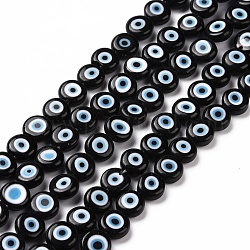 Handmade bösen Blick lampwork flache runde Perle Stränge, Schwarz, 8x3.2 mm, Bohrung: 1 mm, ca. 49 Stk. / Strang, 14.56 Zoll
