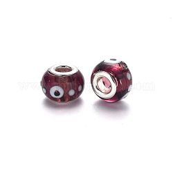 Perles européennes vernissées manuelles, perles de rondelle avec grand trou , en laiton de tonalité de platine noyaux doubles, rondelle, brun coco, 14~15x9~10mm, Trou: 5mm