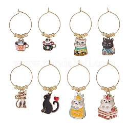 Cat Alloy Enamel Wine Glass Charms, with Glass Seed Beads and Brass 
Hoops, Mixed Color, 46~61mm, 8 styles, 1pc/style, 8pcs/set