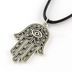 Hamsa Hand/Hand of Fatima/Hand of Miriam Zinc Alloy Pendant Necklaces, with Waxed Cord and Iron End Chains, Antique Silver, 17.7 inch, 2mm