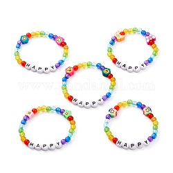 Bracelets de perles acryliques transparents et opaques pour enfants, avec la main perles en pate polymère, mot heureux, forme mixte, couleur mixte, diamètre intérieur: 1-7/8 pouce (4.8 cm)