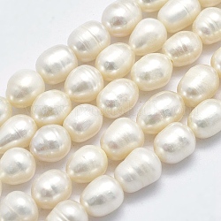 Brins de perles de culture d'eau douce naturelles, ovale, floral blanc, 9~10.5x6~7mm, Trou: 0.8mm, Environ 36~41 pcs/chapelet, 13.78 pouce ~ 14.17 pouces (35~36 cm)