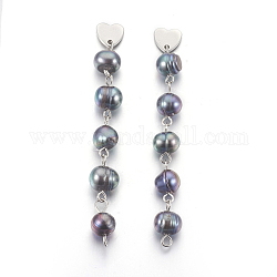 Boucles d'oreilles en perles d'eau douce naturelles, avec accessoires en 304 acier inoxydable, bleu minuit, 68~72mm, pin: 0.7