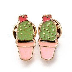 Alloy Enamel Brooches, Enamel Pin, with Brass Butterfly Clutches, Cactus, Light Gold, Cadmium Free & Nickel Free & Lead Free, Colorful, 21.5x9x2mm, Pin: 1mm