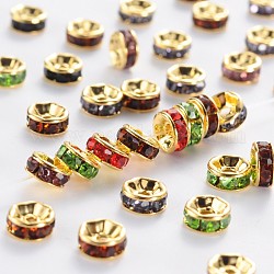 Séparateurs perles en laiton avec strass, plaqué or, rondelle, sans nickel, couleur mixte, 6x3mm, Trou: 1mm