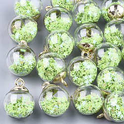 Ciondoli palla di vetro, con paillettes glitterate e risultati in plastica ccb, rotonda con stella, lime, 21x15.5~16mm, Foro: 2 mm