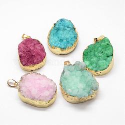 Electroplated Natural & Dyed Druzy Agate Pendants, with Golden Plated Brass Findings, Mixed Color, 39~75x25~50x10~20mm, Hole: 8x5mm