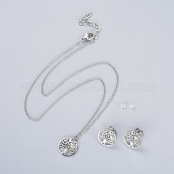 Stainless Steel Pendants Necklaces and Stud Earrings Jewelry Sets, with Cubic Zirconia, Flat Round with Tree of Life, Stainless Steel Color, 16.9 inch(43cm), 1.5mm, 15x2mm, Pin: 0.8mm