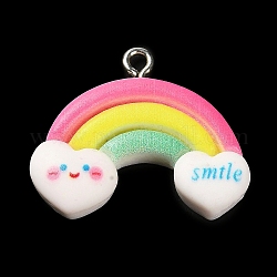 Opaque Resin Pendants, Rainbow Charms with Platinum Plated Iron Loops, Deep Pink, 22x26.5x5.5mm, Hole: 2mm