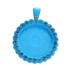 Baking Painted Alloy Pendant Cabochon Settings, Plain Edge Bezel Cups, with Rhinestone, Flat Round, Deep Sky Blue, Tray: 25mm, 43x34x3.5mm, Hole: 3.5x5.5mm