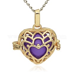 Goldener Ton Messing hohlen Herz Käfig Anhänger, ohne Loch lackiert Messing runde Perlen, blau violett, 24x26x18 mm, Bohrung: 3x8 mm