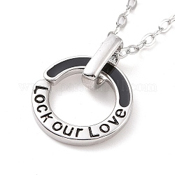Collier pendentif anneau en émail noir, mot verrouiller notre collier de couple en laiton d'amour pour les hommes, platine, 23.39 pouce (59.4 cm)