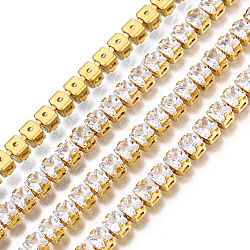 Square Cubic Zirconia Strass Chains, Gold Plated Brass Link Chains, Soldered, with Spool, Clear, 3.5mm, about 16.40 Feet(5m)/Roll