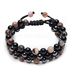Bracelets de perles tressées en pierre pour hommes femmes, bracelets multibrins en hématite synthétique non magnétique & obsidienne naturelle & rhodochrosite naturelle, diamètre intérieur: 2-1/4~3-1/8 pouce (5.7~8 cm)
