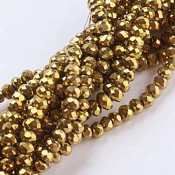 Electroplate Glass Beads Strands, Faceted, Rondelle, Golden Plated, 4x3mm, Hole: 1mm, about 140~145pcs/strand, 18.9inch