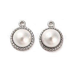 304 Edelstahl Anhänger / charms, abs mit Perlen, Nachahmung Perlen, flache runde Charme, Edelstahl Farbe, 13x10x5 mm, Bohrung: 1.6 mm