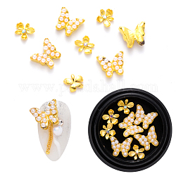 Nail Art Decoration Accessories, with Alloy, Crystal AB Rhinestone and ABS Plastic Imitation Pearl, Flower & Butterfly, Golden, 9.5x11x4mm & 8x7x2mm, 8pcs/box